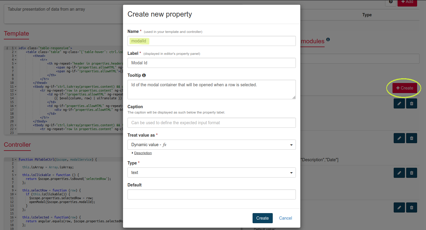 Create modalId property in custom Table widget