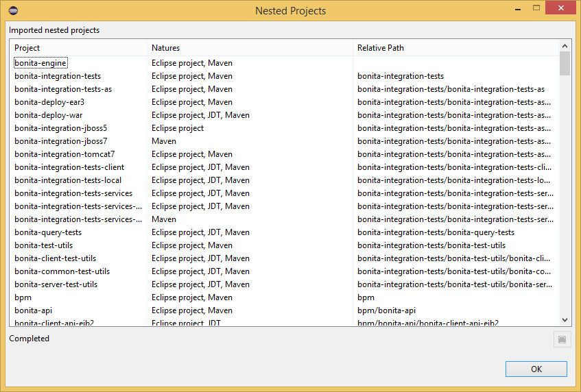 screenshot list of imported project with nature